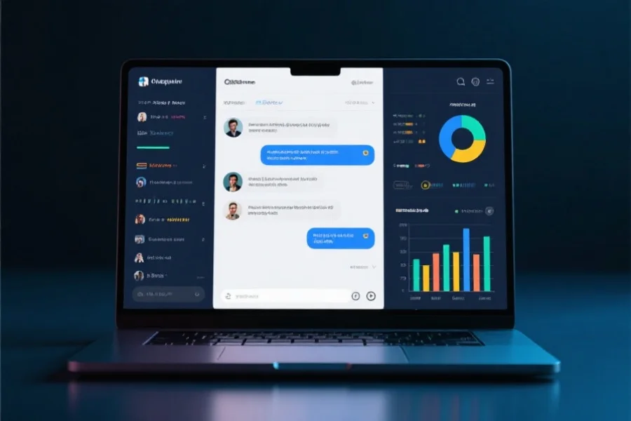 一台笔记本电脑屏幕上显示着数据图表群聊界面，用户在聊天框中热烈交流分析见解，视觉风格科技感强烈